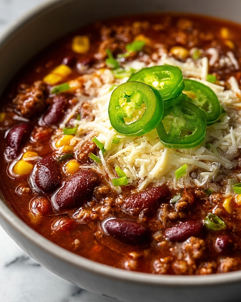 A close-up of a white bowl filled with thick chili consisting of dark red kidney beans, small crumbled ground meat pieces, and yellow corn kernels in a rich reddish-brown sauce. On top of the chili, there is a light layer of shredded white cheese, partially melted, with bright green sliced jalapeño peppers arranged in the center. The overall texture is chunky and hearty. The photo has a white marbled texture background. photo taken with an iphone --ar 4:5 --v 7