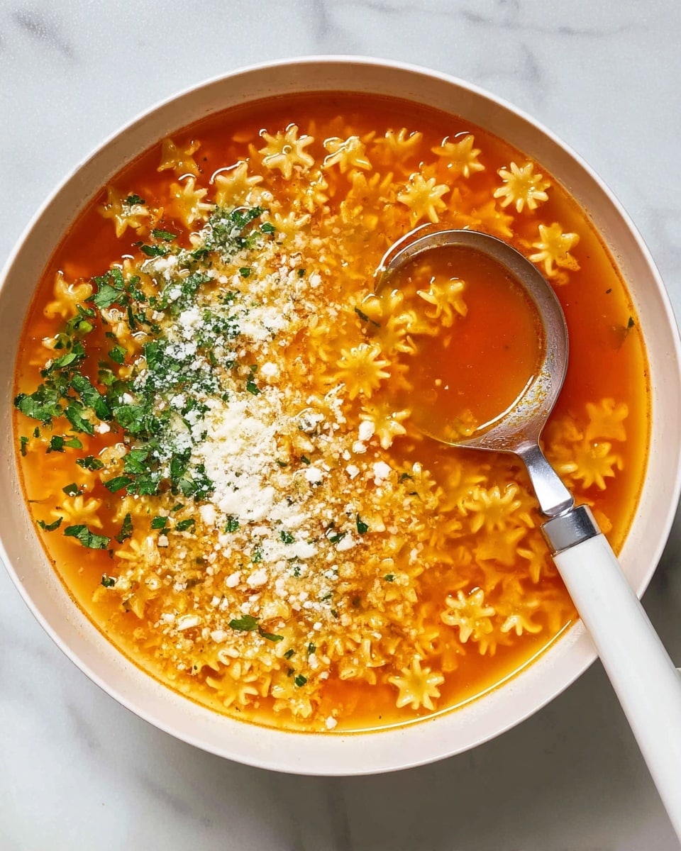 A white bowl filled with bright orange broth, containing tiny star-shaped pasta scattered throughout. The soup surface is topped with finely grated white cheese and small pieces of fresh green herbs, mostly on the left side, creating a colorful contrast against the orange liquid. A white-handled spoon with a silver scoop rests inside the bowl on the right side, partially submerged in the soup. The bowl sits on a white marbled surface. photo taken with an iphone --ar 4:5 --v 7