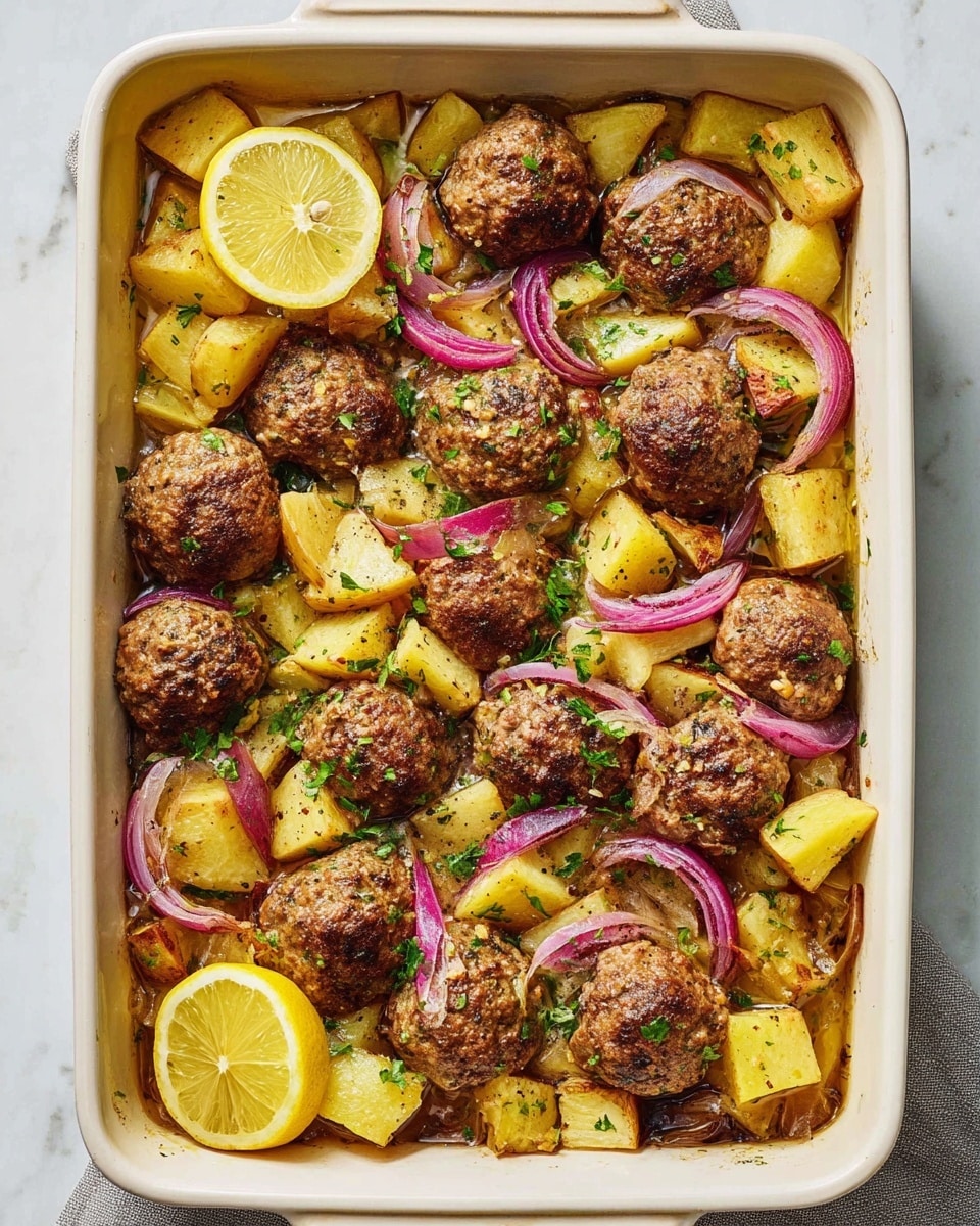 A large white oval plate filled with a mix of about ten brown, uneven-textured meatballs and many chopped yellow roasted potatoes with crispy edges. Thin slices of pink and white cooked onions are scattered among the meatballs and potatoes. The dish is sprinkled with green chopped herbs. Two thick lemon wedges with a pale yellow color are placed on the left edge of the plate. A golden spoon is partly visible on the right side under some food. The plate sits on a white marbled surface. photo taken with an iphone --ar 4:5 --v 7