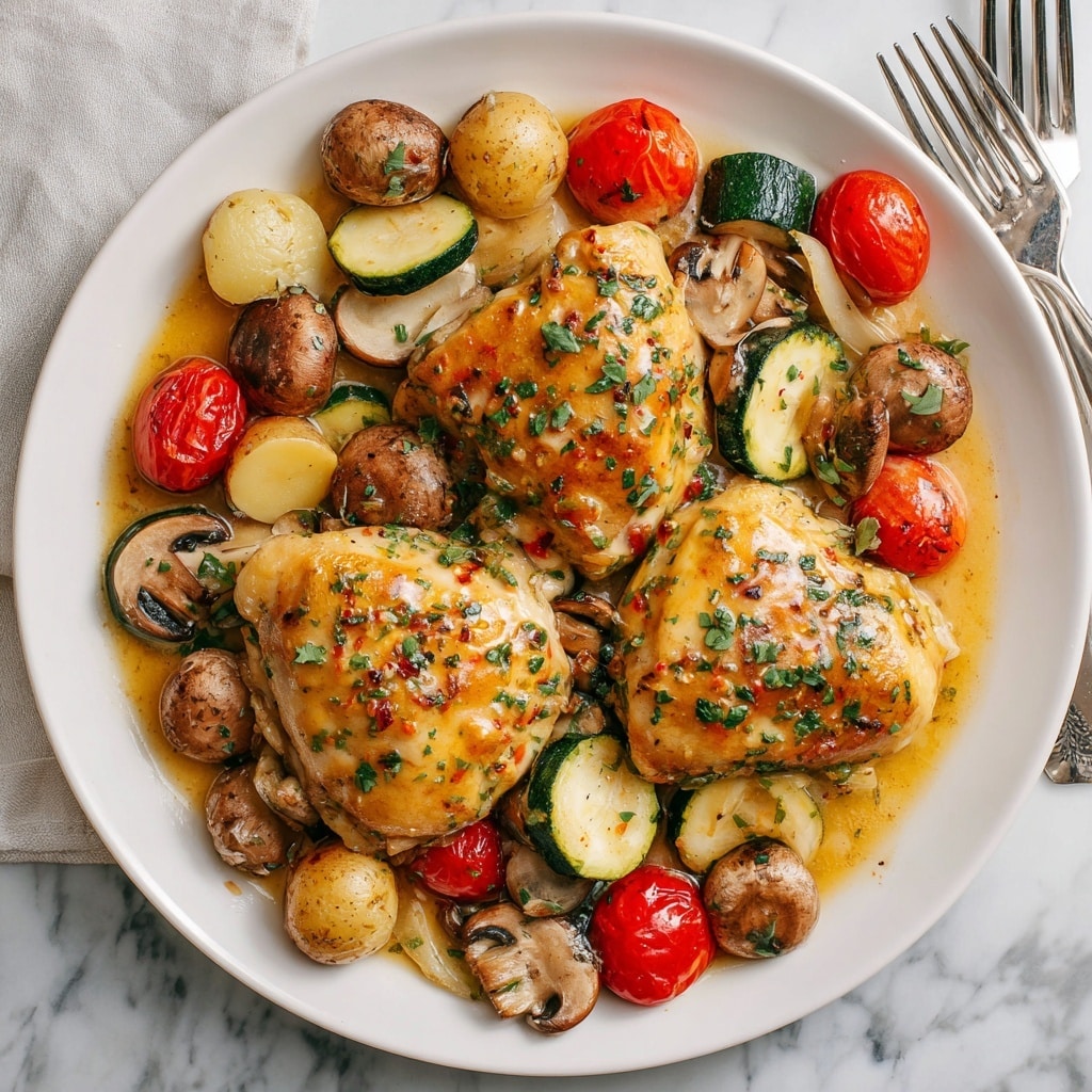 The image shows a white plate filled with three large, golden-brown pieces of cooked chicken, glazed with a light sauce and sprinkled with chopped green herbs. Surrounding the chicken are roasted vegetables: light brown baby potatoes, sliced mushrooms with dark edges, green zucchini chunks, soft white onion pieces, and bright red cherry tomatoes. The sauce forms a shallow, shiny pool at the base, adding a moist texture. The plate is set on a white marbled surface with some silver forks placed nearby. photo taken with an iphone --ar 4:5 --v 7