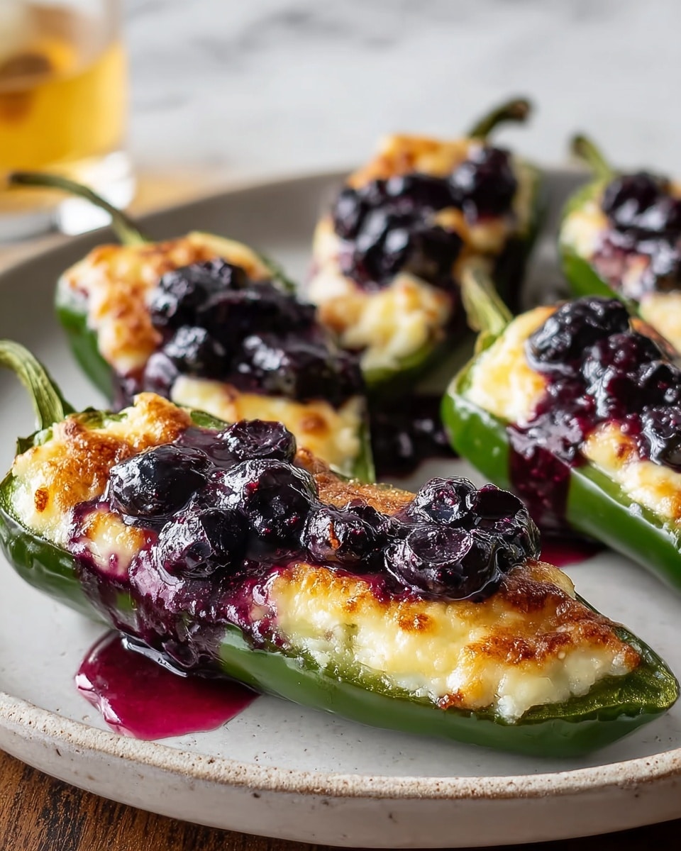 A white plate holds six stuffed jalapeño peppers, each cut in half lengthwise showing layers of melted, golden brown cheese topped with glossy, dark purple blueberry sauce that drips over and around the peppers. The jalapeños are bright green with slightly charred edges, and the cheese layer inside appears creamy and bubbly. The blueberry sauce looks thick and rich, pooling on the white plate beneath the peppers. The background shows a blurred white marbled texture and some greens out of focus. Photo taken with an iphone --ar 4:5 --v 7