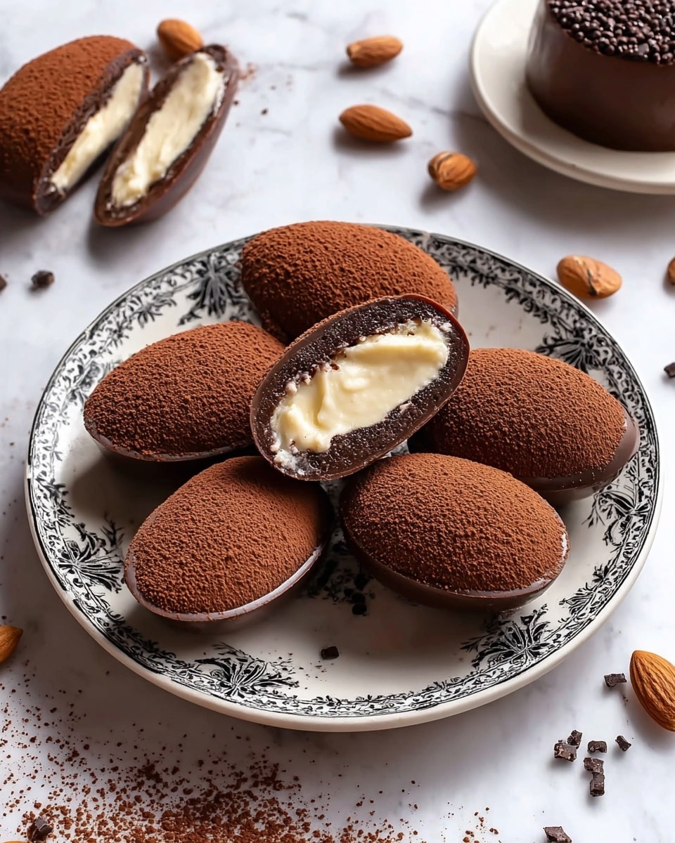 The image shows a white plate with black floral patterns filled with six oval-shaped chocolate desserts, dusted evenly with dark cocoa powder. Three of these chocolate ovals are whole with a smooth, velvety brown surface, while the other three are cut open, revealing a creamy white filling inside, layered within a dark chocolate shell. The plate is placed on a white marbled surface scattered with a few whole almonds and cocoa powder crumbs. A small round chocolate cake topped with cocoa powder and cocoa nibs is visible at the top right of the frame. Photo taken with an iphone --ar 4:5 --v 7