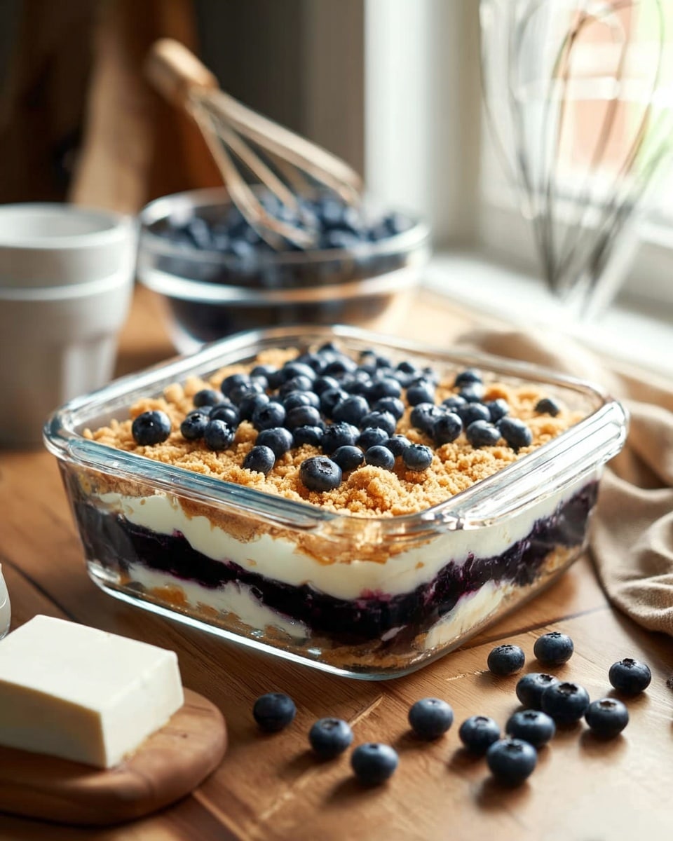 A close-up of a square slice of blueberry cheesecake on a white rectangular plate, showing three distinct layers: a thin, golden-brown crumb crust base, a thick, creamy white cheesecake middle layer, and a topping of deep purple blueberry sauce with whole fresh blueberries scattered on top. The crust looks crumbly and firm, the cheesecake layer smooth and dense, and the sauce glossy and slightly runny, blending with the cheesecake. Two blueberries sit beside the slice on the plate. The plate rests on a white marbled textured surface. Photo taken with an iphone --ar 4:5 --v 7