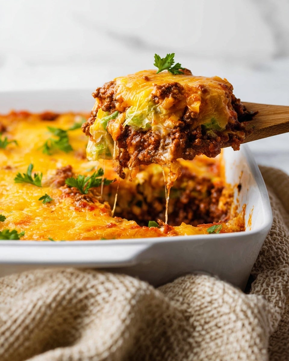 A white baking dish filled with several layers of a cheesy, ground meat casserole is shown. The bottom layer consists of cooked ground meat mixed with tomato sauce, which is dark brown and red with a crumbly texture. On top, there is a layer of soft green lettuce pieces adding freshness. The dish is covered by a thick, melted cheese layer that is a mix of golden yellow and light orange hues, with strings of cheese stretching as a wooden spoon lifts a scoop. Small green parsley leaves are sprinkled on top for color contrast. The dish is set on a beige textured cloth over a white marbled surface. photo taken with an iphone --ar 4:5 --v 7