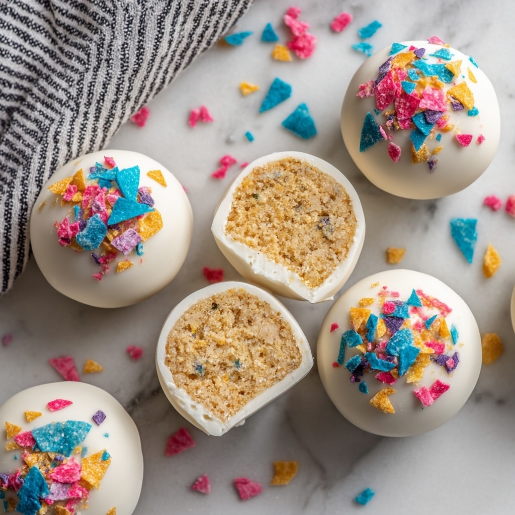 A bowl filled with small round treats coated in smooth white chocolate, each topped with colorful pink, blue, and yellow crunchy sprinkles; one piece is cut in half, showing a soft, beige, crumbly inside texture. The bowl is white and placed on a white marbled surface with scattered sprinkles around. A striped cloth with black and white lines is partially visible in the background. photo taken with an iphone --ar 4:5 --v 7