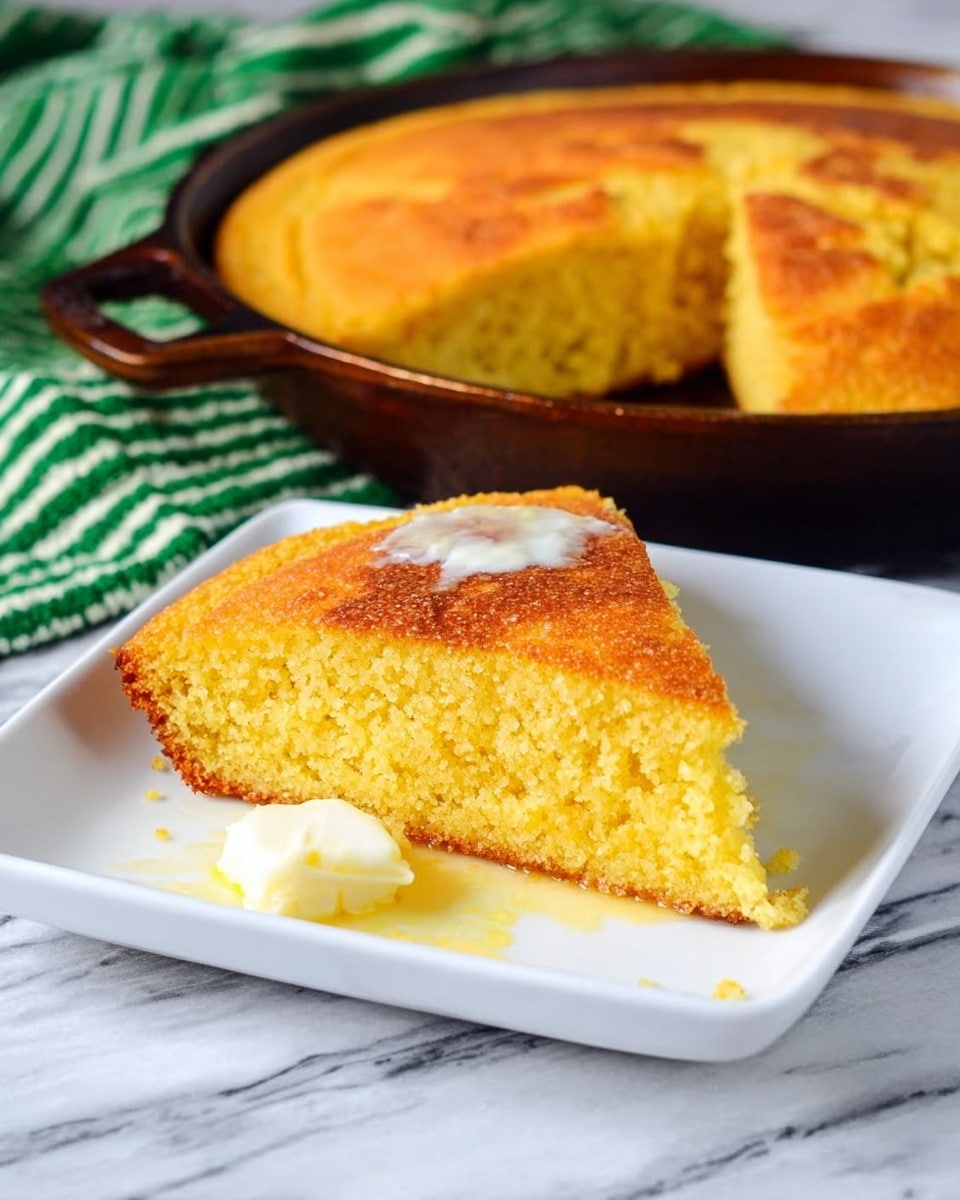 A single slice of golden yellow cornbread with a soft, fluffy texture and slightly browned top sits on a white rectangular plate. A small dollop of melting white butter rests near the pointed tip of the slice. In the background, a round cast iron pan contains the remaining cornbread with a cut section where the slice was taken out. The scene is set on a white marbled surface with a green and white striped cloth partially visible behind the pan. Photo taken with an iphone --ar 4:5 --v 7