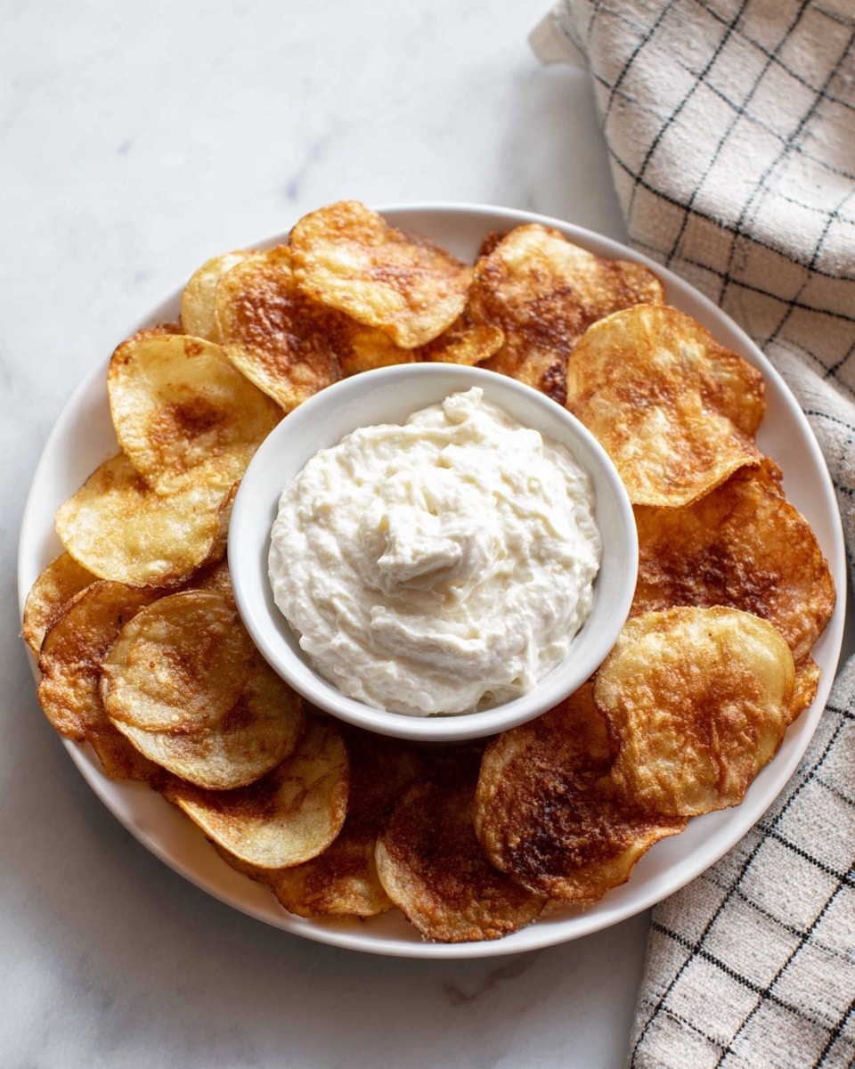 The image shows a white round plate with a white ramekin placed at the center filled with a thick, creamy white dip with a slightly chunky texture. Around the ramekin, there are several round, crispy golden-brown potato chips with some darker browned spots, arranged in a circular pattern. The plate is set on a white marbled surface, with a blurred checkered cloth in the background. The overall feel is simple and clean. photo taken with an iphone --ar 4:5 --v 7