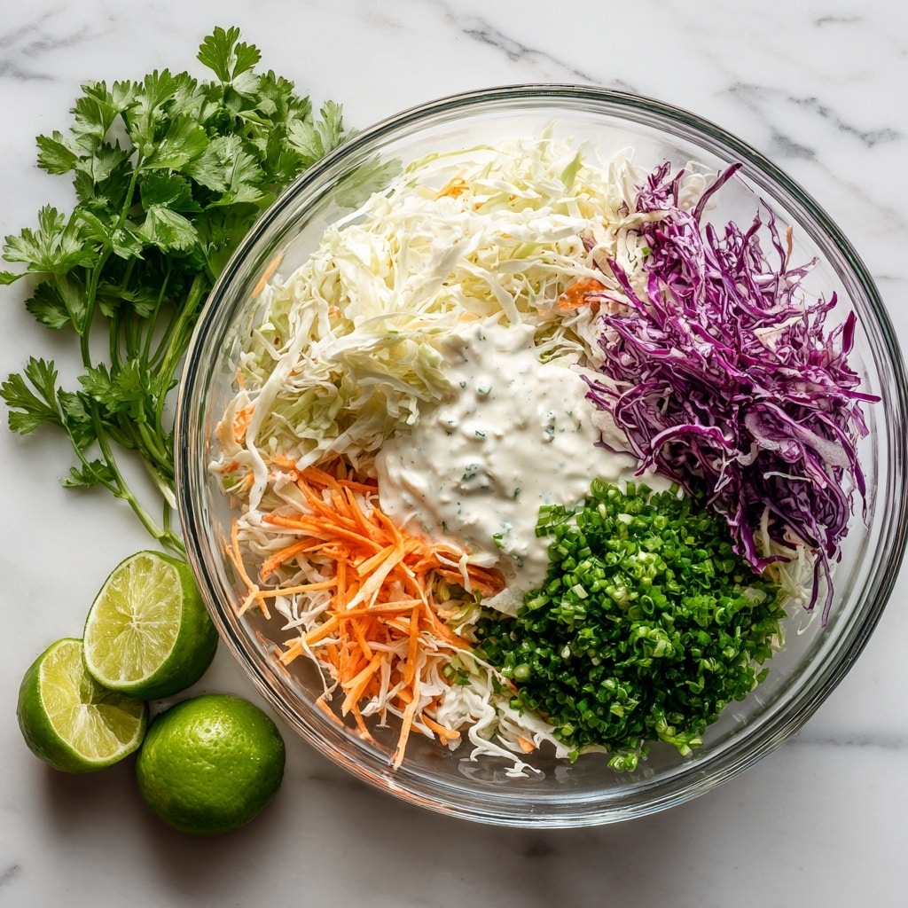 A clear glass bowl on a white marbled surface holds a three-layer salad: at the bottom there is a mix of shredded white and purple cabbage with some thin orange carrot strips visible, on top of this a creamy white dressing is spread unevenly, and next to the dressing at the bottom right are two piles of finely chopped bright green herbs and scallions. Around the bowl, halved and quartered fresh green limes and a small bunch of fresh parsley lie scattered on the white marbled surface. photo taken with an iphone --ar 4:5 --v 7