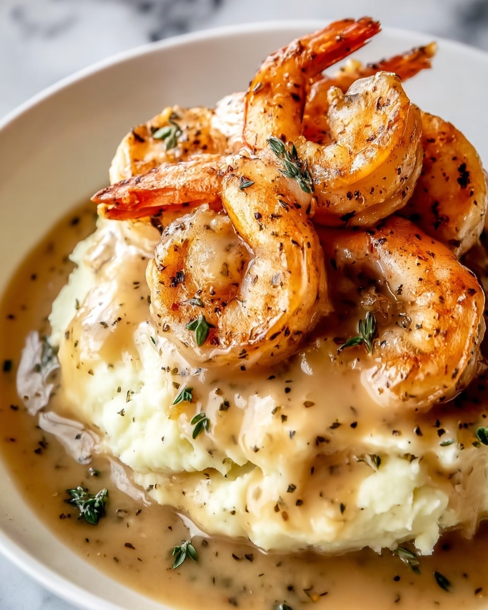 A close-up image of a dish with two main layers: the bottom layer is a mound of creamy mashed potatoes, smooth and pale yellow in color, topped with a light brown gravy that has a glossy texture and specks of black pepper and herbs throughout. On top of the gravy, several cooked shrimp with a pink-orange color and slightly charred edges are arranged, showing their curved shapes and shiny, moist surface. Small green herb pieces sprinkle over the shrimp and gravy for garnish. The food is placed on a white plate sitting on a white marbled textured surface. Photo taken with an iphone --ar 4:5 --v 7