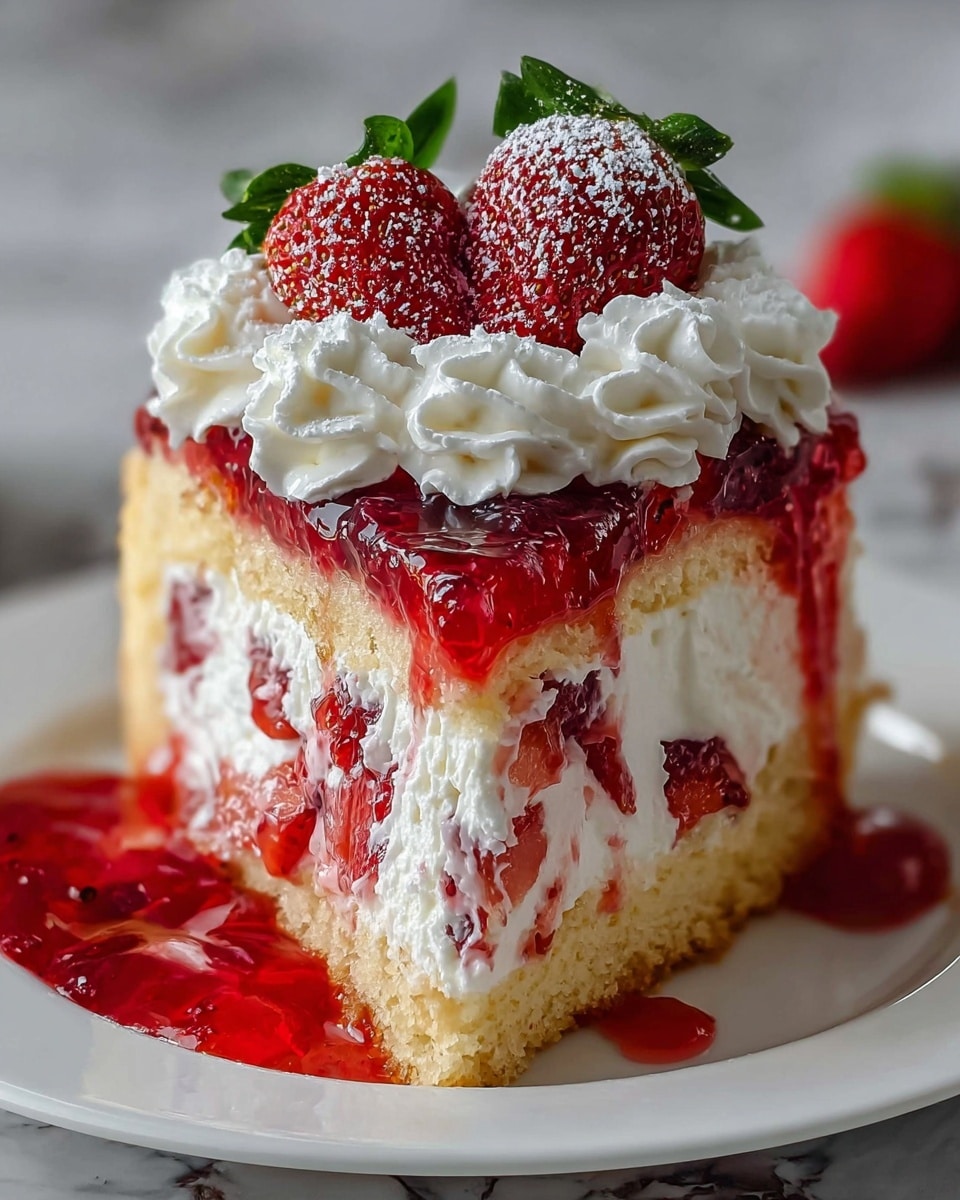 The image shows a slice of strawberry shortcake with three visible layers: the bottom layer is a light golden sponge cake, the middle layer is thick and white whipped cream with pieces of red strawberries, and the top layer is a glossy red strawberry jelly with chunks of strawberries embedded. On top, there is a ring of delicate white whipped cream swirls and two whole bright red strawberries with green leaves, lightly dusted with powdered sugar. The cake sits on a white plate, with some strawberry jelly dripping down the side onto the plate, all placed on a surface with a white marbled texture. Photo taken with an iphone --ar 4:5 --v 7