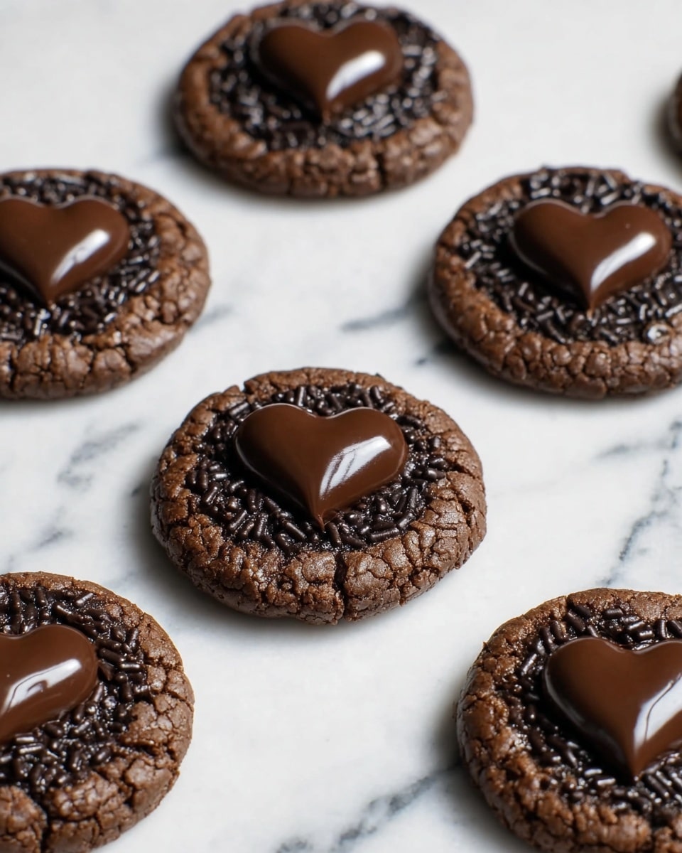 The image shows several round chocolate cookies placed on a white marbled surface. Each cookie has two layers: the base is a textured, dark brown chocolate cookie sprinkled with small cylindrical dark chocolate sprinkles covering the top evenly; in the center of each cookie is a smooth, glossy, heart-shaped piece of dark chocolate that stands out with its shiny surface. The cookies are arranged in a scattered pattern, with some partially cropped at the edges of the frame, creating a visually appealing layout. photo taken with an iphone --ar 4:5 --v 7