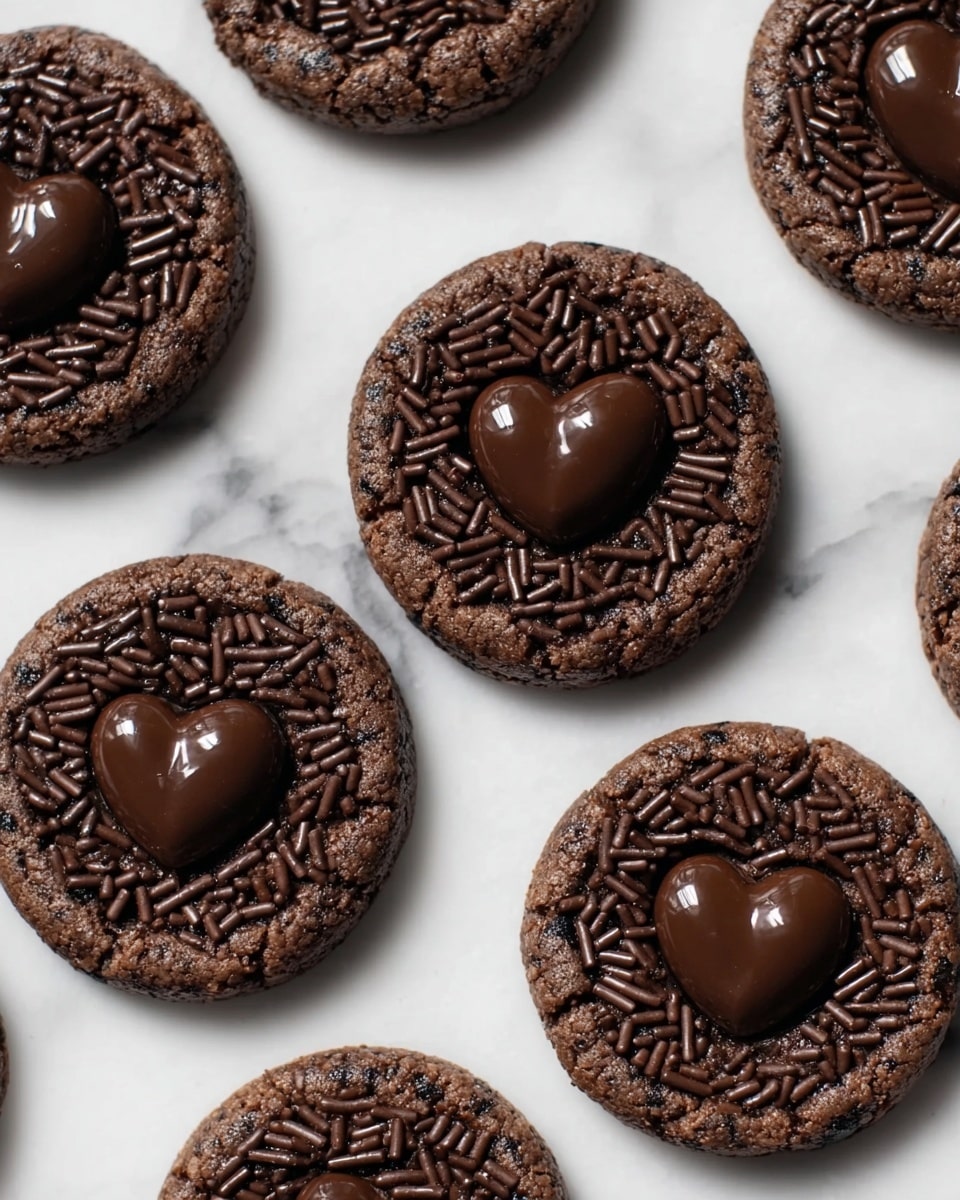 The image shows several round chocolate cookies arranged on a white marbled surface, each cookie having two visible layers. The bottom layer is dark brown with a cracked texture and chocolate sprinkles scattered evenly across the top. Above this base is a small, glossy, heart-shaped piece of dark chocolate placed in the center of each cookie, creating a smooth and shiny contrast to the rough cookie surface. The cookies are spaced evenly and fill the frame visually in a casual pattern. photo taken with an iphone --ar 4:5 --v 7