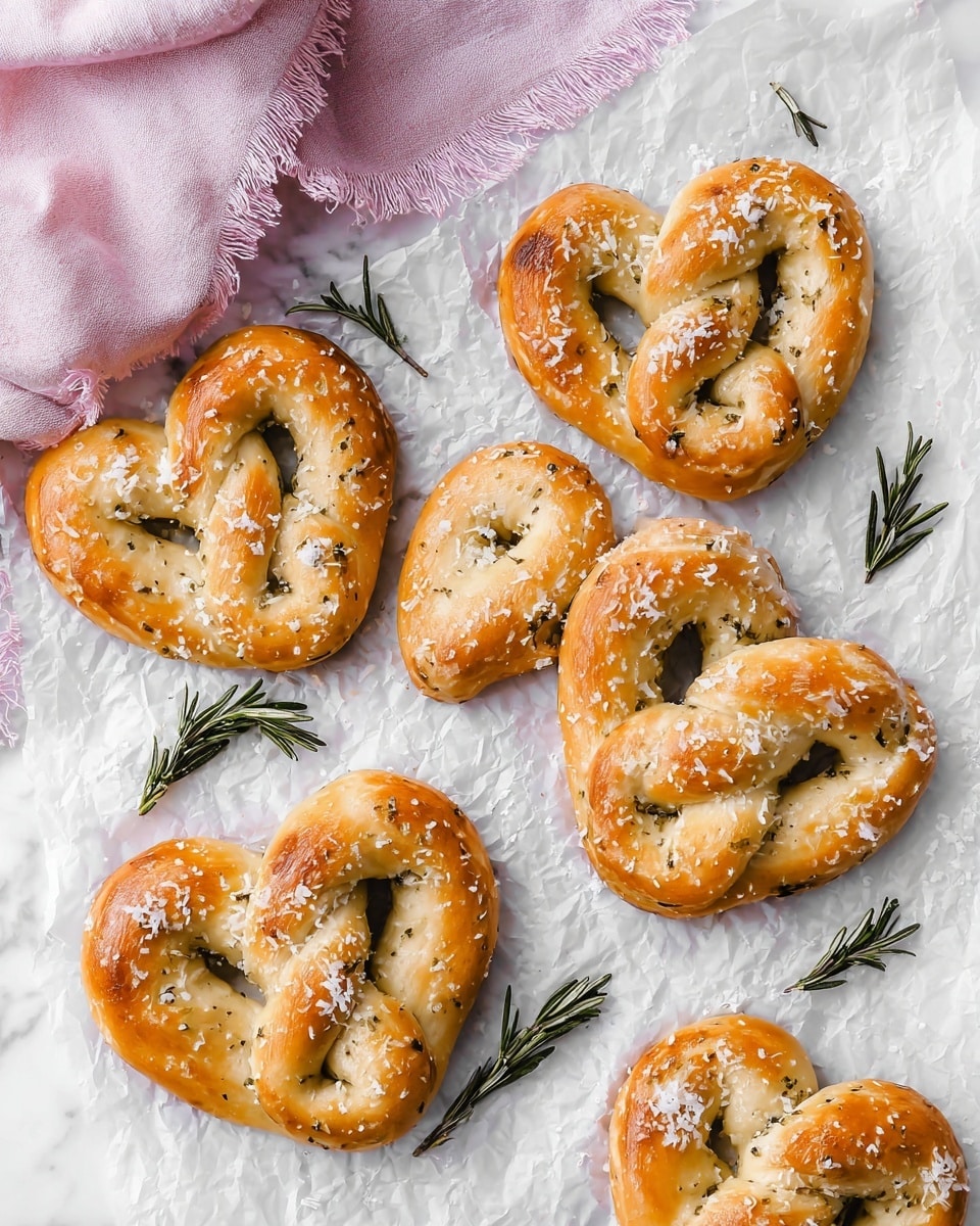 The image shows five golden-brown pretzels shaped like hearts, each with a slightly glossy surface and sprinkled with white grated cheese. The pretzels have a soft and slightly uneven texture, with some visible herbs inside the dough, giving a speckled green pattern. They are laid on crinkled white parchment paper placed on a white marbled surface. Between and around the pretzels are small sprigs of fresh green rosemary. A light pink, frayed cloth is partly visible at the top of the image, adding a cozy touch. photo taken with an iphone --ar 4:5 --v 7