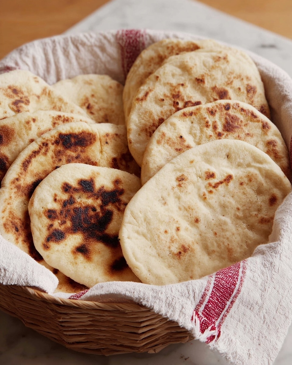 A stack of five round flatbreads with soft, light golden-brown surfaces sits on a red and white checkered cloth. Each flatbread has a slightly puffy texture with uneven browning, showing some darker toasted spots and lighter, smooth areas. The layers are thick but soft, with gentle air pockets visible on the top pieces. The flatbreads are stacked neatly on a wooden surface with a white marbled background. photo taken with an iphone --ar 4:5 --v 7
