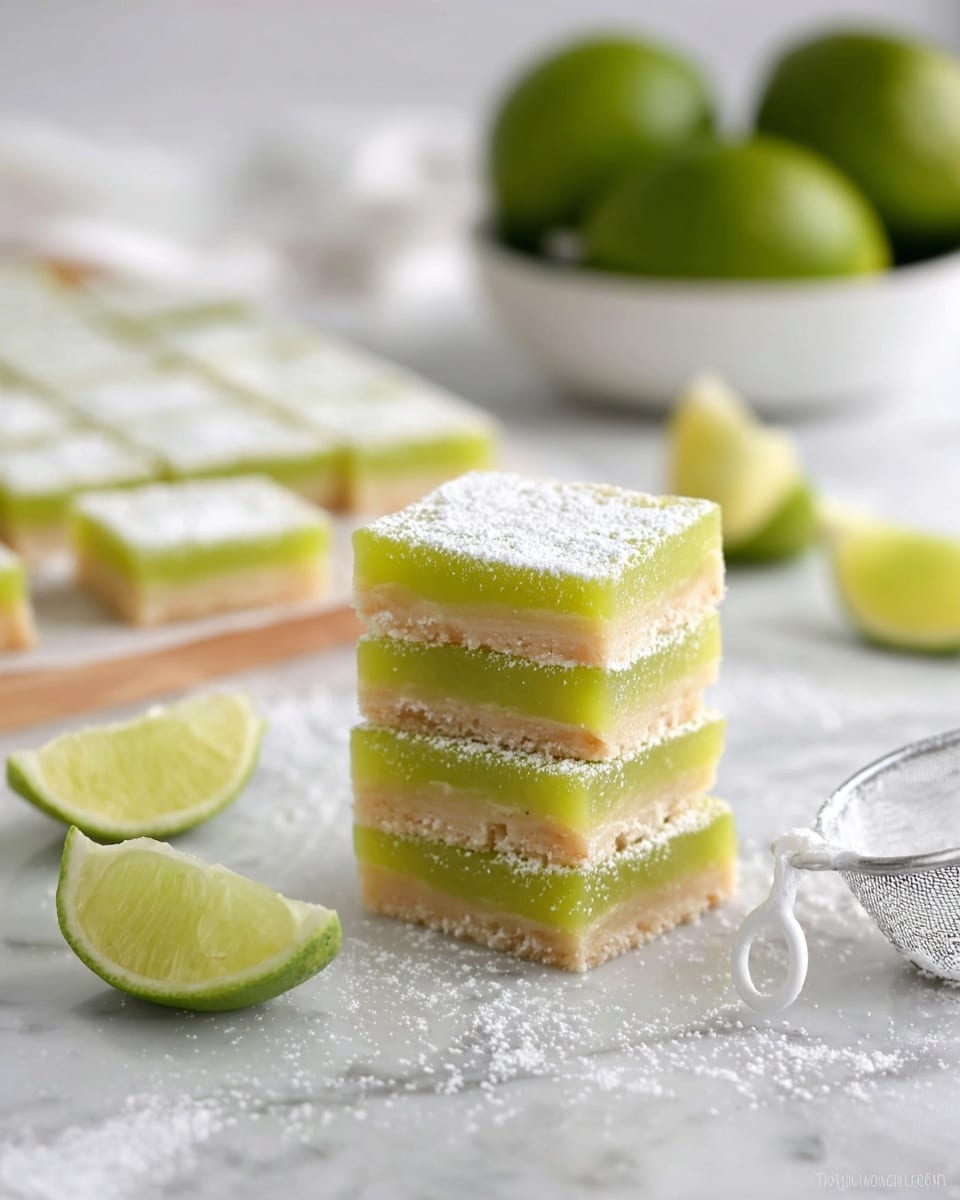 The image shows a stack of three square lime bars, each with two visible layers: a bright green, smooth and slightly glossy top layer, and a pale beige, crumbly base layer. The bars are dusted lightly with white powdered sugar. Behind the stack, there are more lime bars arranged flat on a white marbled surface. On the lower left, two lime wedges with bright green skin and pale green flesh sit on the same surface. A white-handled sifter with some powdered sugar inside rests near the bottom right corner. The background includes a white bowl filled with whole green limes and a soft green cloth. Photo taken with an iphone --ar 4:5 --v 7