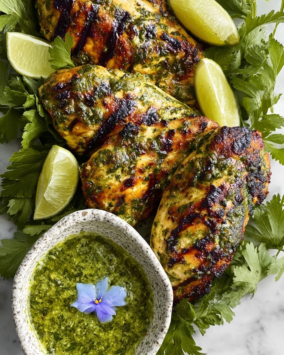 The image shows several grilled chicken pieces with charred spots and a green herb sauce coating, layered closely together on a white plate. The chicken has a mix of golden, brown, and dark grilled marks with a slightly rough texture. Surrounding the chicken are bright green fresh herb leaves and halved lime slices with a juicy, light yellow-green interior. In the lower right corner, there is a white bowl filled with a thick, green herb sauce that has a slightly oily surface and small bits of herbs and spices visible throughout. The whole setting is on a white marbled surface. photo taken with an iphone --ar 4:5 --v 7