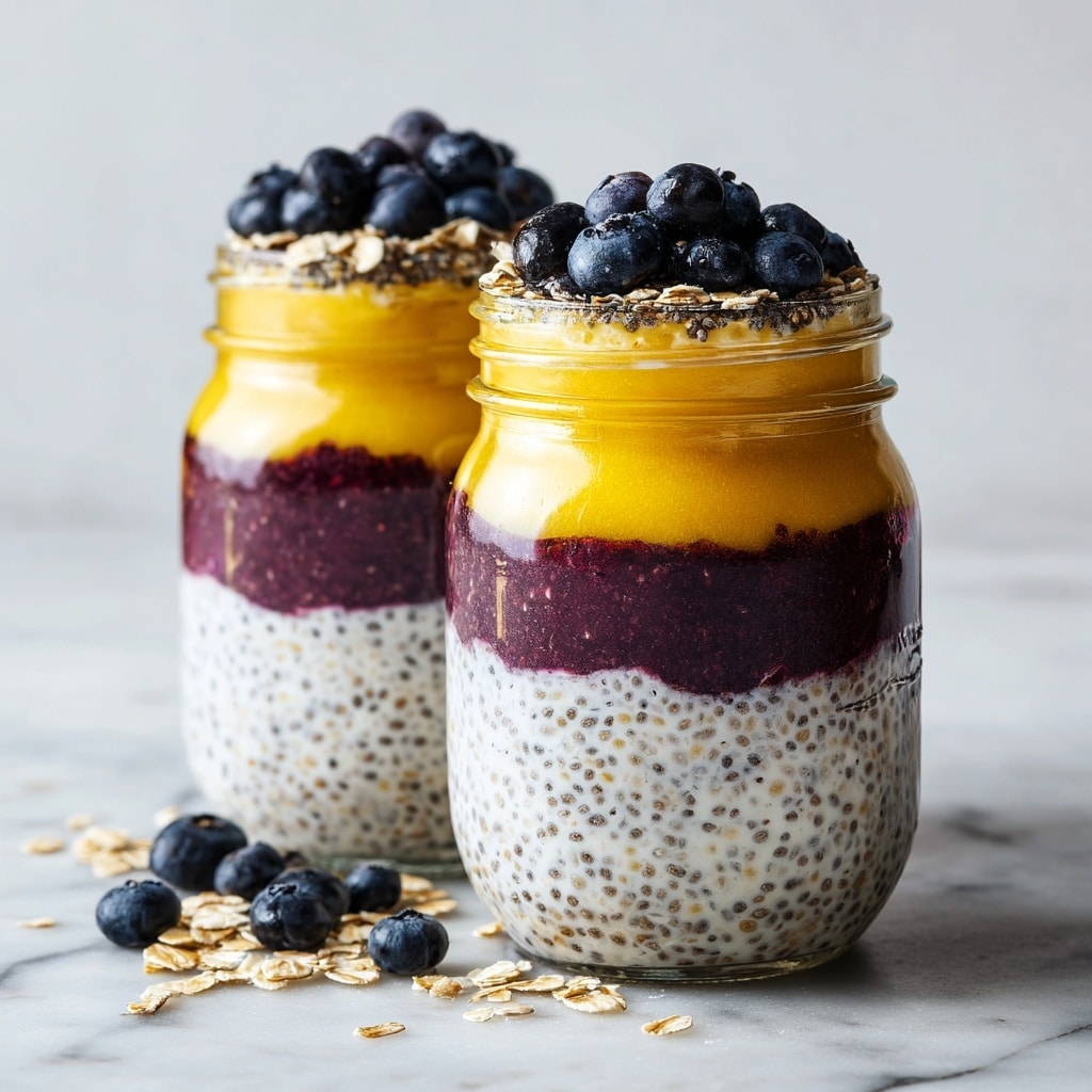 Two clear glass jars filled with four visible layers sit on a white marbled surface scattered with fresh blueberries and oat flakes. The bottom layer is creamy white with small black chia seeds mixed in, giving it a speckled texture. Above this is a thick, dark purple layer, rich and smooth, followed by a bright golden-yellow layer with a slightly chunky texture. The top layer is creamy white with black chia seeds, topped with a small pile of fresh dark blue blueberries. The background is a soft white, keeping the focus on the jars. photo taken with an iphone --ar 4:5 --v 7