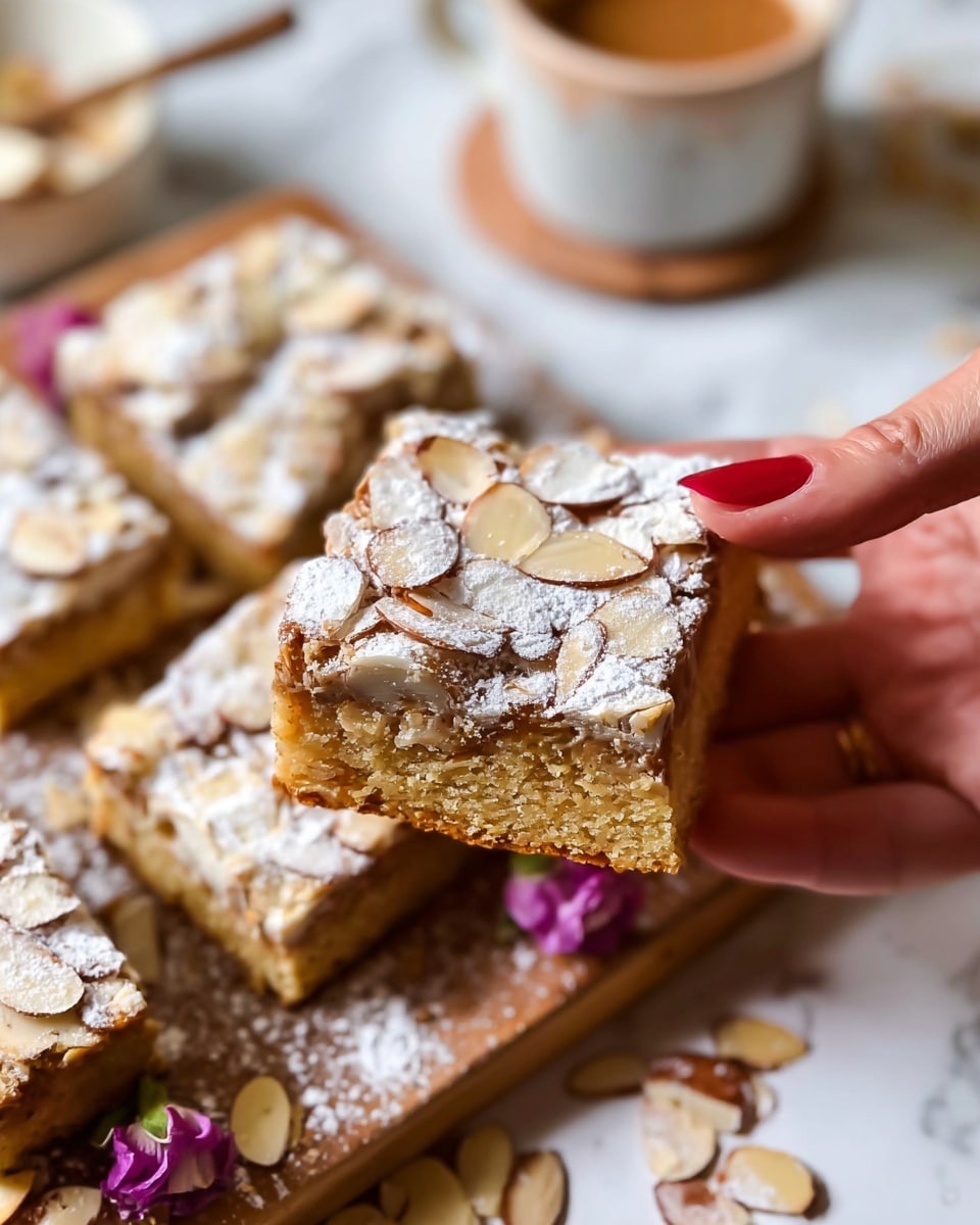 The image shows a close-up of a square almond bar being held by a woman's hand with red nail polish. The almond bar has two layers: the bottom layer is dense and golden brown with a slightly crumbly texture, and the top layer is covered with toasted sliced almonds and a light dusting of powdered sugar. Several other almond bars are placed around it on a wooden board, sprinkled with more sliced almonds and powdered sugar. In the blurry background, there is a white cup with a light brown design. The surface underneath everything is a white marbled texture. photo taken with an iphone --ar 4:5 --v 7