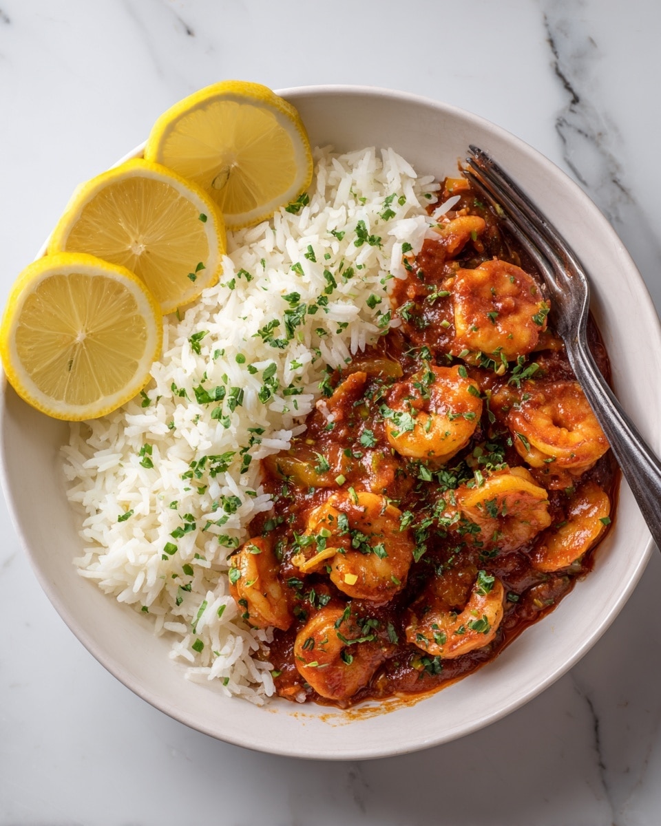 A close-up of a white pan filled with a rich, thick brown sauce with visible herbs and spices, containing plump cooked shrimp evenly spread throughout. A white spoon rests in the pan, covered with the sauce and holding a few shrimp. The sauce has bits of green herbs sprinkled on top and a bay leaf floating near the edge. The pan is set on a white cloth with brown stripes on a white marbled surface. Part of a white bowl filled with cooked white rice and a small white plate with lemon wedges and green parsley are partially visible in the background. Photo taken with an iphone --ar 4:5 --v 7