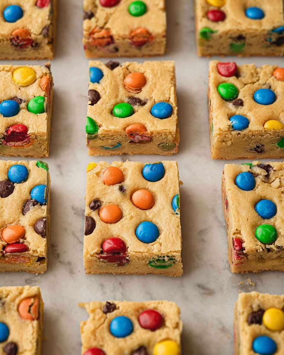 A close-up shows a stack of three square blondie bars with a light golden top layer. The blondies are thick and dense with a soft texture and are filled with colorful candy-coated chocolates, including green, red, blue, orange, yellow, and brown pieces visible on the surface and inside. The stack sits on a white marbled surface with more blondie squares scattered around, some showing the chewy inside with melted chocolate bits and bright candy shells. Photo taken with an iphone --ar 4:5 --v 7