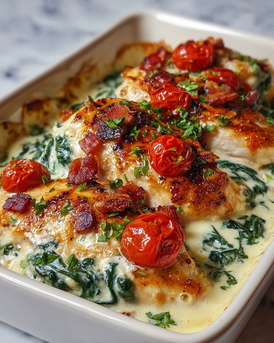 A thick piece of cooked chicken breast sits on a white plate, covered with a creamy white sauce mixed with dark green spinach leaves and bright red sun-dried tomatoes. The sauce looks melted and slightly browned on top, adding a glossy texture to the spinach and tomato bits. The chicken underneath is golden brown and juicy, partially visible beneath the sauce. A silver fork rests at the bottom right edge of the plate with some sauce dripping around it. The background is a white marbled texture. Photo taken with an iphone --ar 4:5 --v 7