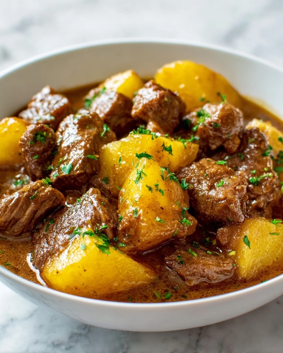 A close-up view of a bowl filled with a stew made of brown pieces of beef and large yellow chunks of potato, all coated in a thick brown gravy. The beef pieces look tender with a slightly rough texture, while the potato chunks are smooth and soft-looking. Small bits of green herbs are sprinkled evenly over the stew, adding a fresh color contrast. The white bowl is placed on a white marbled surface, and the stew fills the bowl generously, creating a hearty and warm appearance. photo taken with an iphone --ar 4:5 --v 7