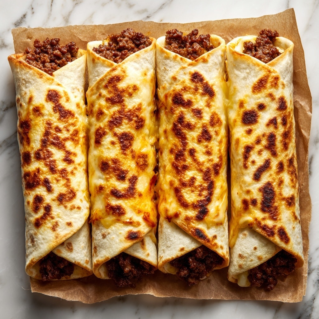 Four rolled tortillas lie parallel on a piece of parchment on a white marbled surface, each tortilla golden-brown and lightly crisp on the outside. Inside each tortilla are two visible layers: a dark brown ground beef layer at the bottom and melted cheese on top, with the cheese oozing out slightly at the edges, showing both a bright yellow cheddar and a white stretchy melted cheese. The tortillas are tightly wrapped, showcasing the fillings clearly from the open ends. Photo taken with an iphone --ar 4:5 --v 7