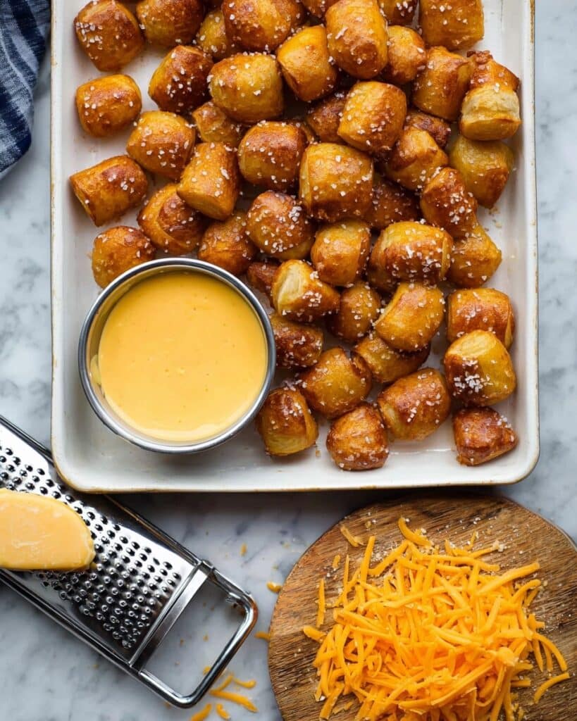 Homemade Soft Pretzel Bites with Cheddar Cheese Sauce Recipe