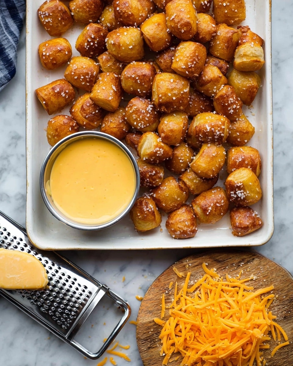 A woman's hand is dipping a small, golden-brown pretzel bite with a slightly shiny and crisp texture into a small black bowl filled with smooth, creamy, light yellow cheese sauce. The bowl sits inside a white rectangular tray with a blue rim, which holds many more golden-brown pretzel bites, all with a similar shiny, crispy finish. The entire setup is placed on a white marbled surface, with the focus on the close-up of the dipping action. photo taken with an iphone --ar 4:5 --v 7