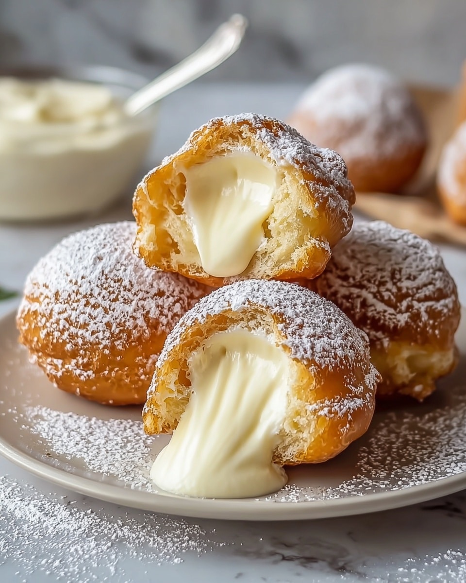 A white plate holds six round cream puffs with a golden-brown outer shell dusted with white powdered sugar on top. Two cream puffs are cut open to show the inside layers: a crispy outer shell with ridges and a smooth, creamy white filling inside that looks soft and fluffy. The plate is set on a white marbled surface, creating a clean background that highlights the light and texture of the pastries. Photo taken with an iphone --ar 4:5 --v 7