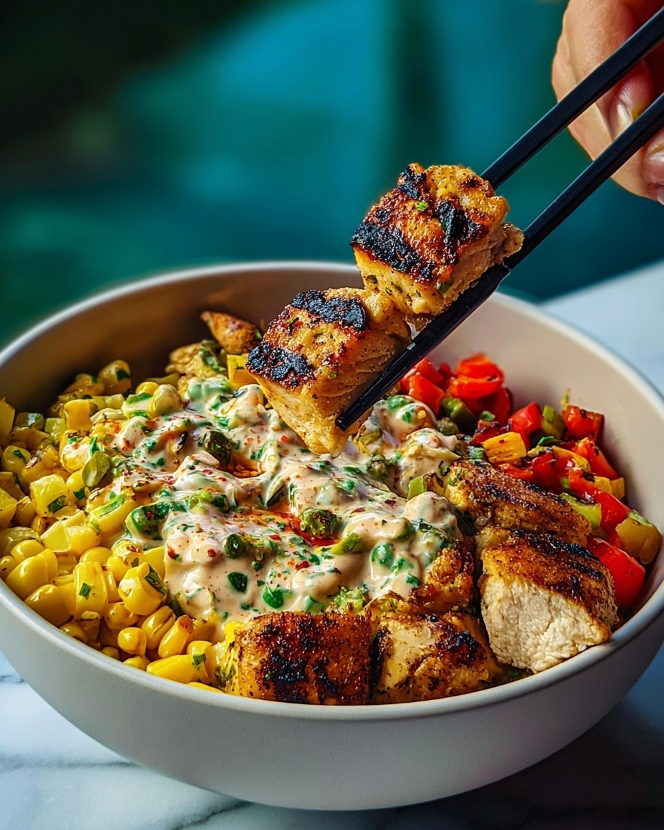 The dish shows a close-up of grilled chicken pieces as the main layer, with a dark brown charred texture on the outside, sitting on a bed of mixed vegetables including bright yellow corn kernels, red bell pepper chunks, and green pepper pieces scattered around. On top, a spoon holds a creamy white sauce mixed with green herb bits, being drizzled over the chicken. The ingredients are in a white bowl set on a white marbled surface. photo taken with an iphone --ar 4:5 --v 7