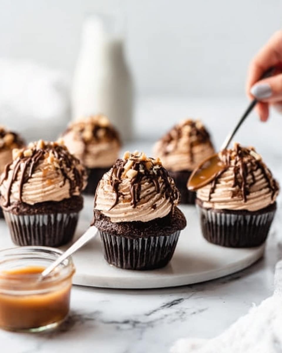 The image shows a close-up of a cupcake with several visible layers. The base layer is a dark chocolate cupcake in a black and white striped paper liner. On top of the cupcake is a thick swirl of white cream frosting, which has a smooth and fluffy texture. Drizzled over the frosting are thin lines of chocolate sauce, adding a glossy dark texture. Small pieces of nuts are scattered on the top, giving a crunchy texture contrast. The cupcake is placed on a white plate on a white marbled surface, with blurred similar cupcakes visible in the background. A woman's hand is gently holding the cupcake from the side. Photo taken with an iphone --ar 4:5 --v 7