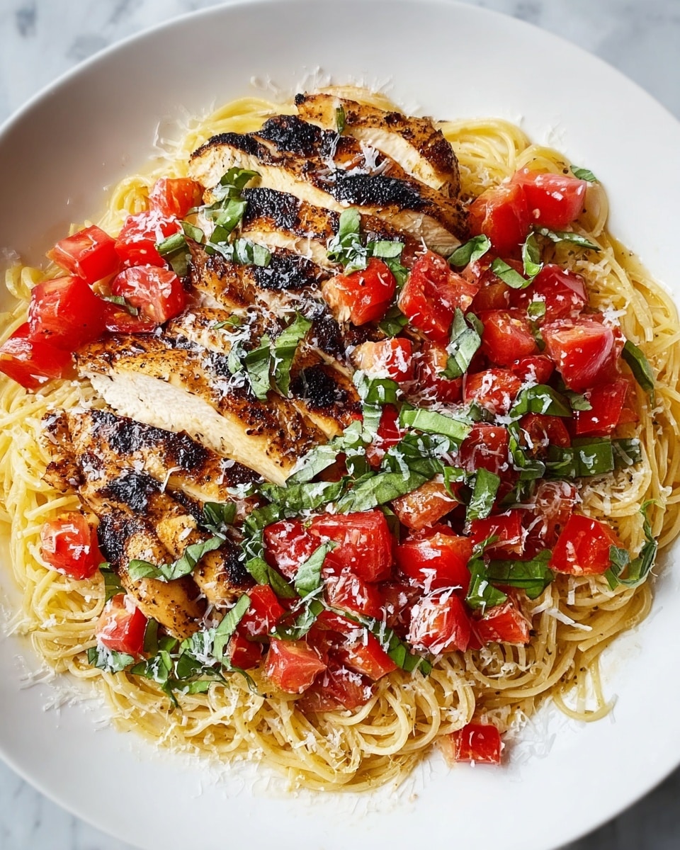 A white plate with a base layer of cooked spaghetti, light yellow in color and slightly twisted in a nest shape. On top sits a layer of grilled chicken breast, sliced and showing a dark brown and black charred crust with a tender, white inside. Over the chicken is a layer of fresh tomato chunks, bright red and juicy, mixed with torn green basil leaves. Some grated white cheese is sprinkled around and over the dish. The plate is set on a white marbled texture. photo taken with an iphone --ar 4:5 --v 7