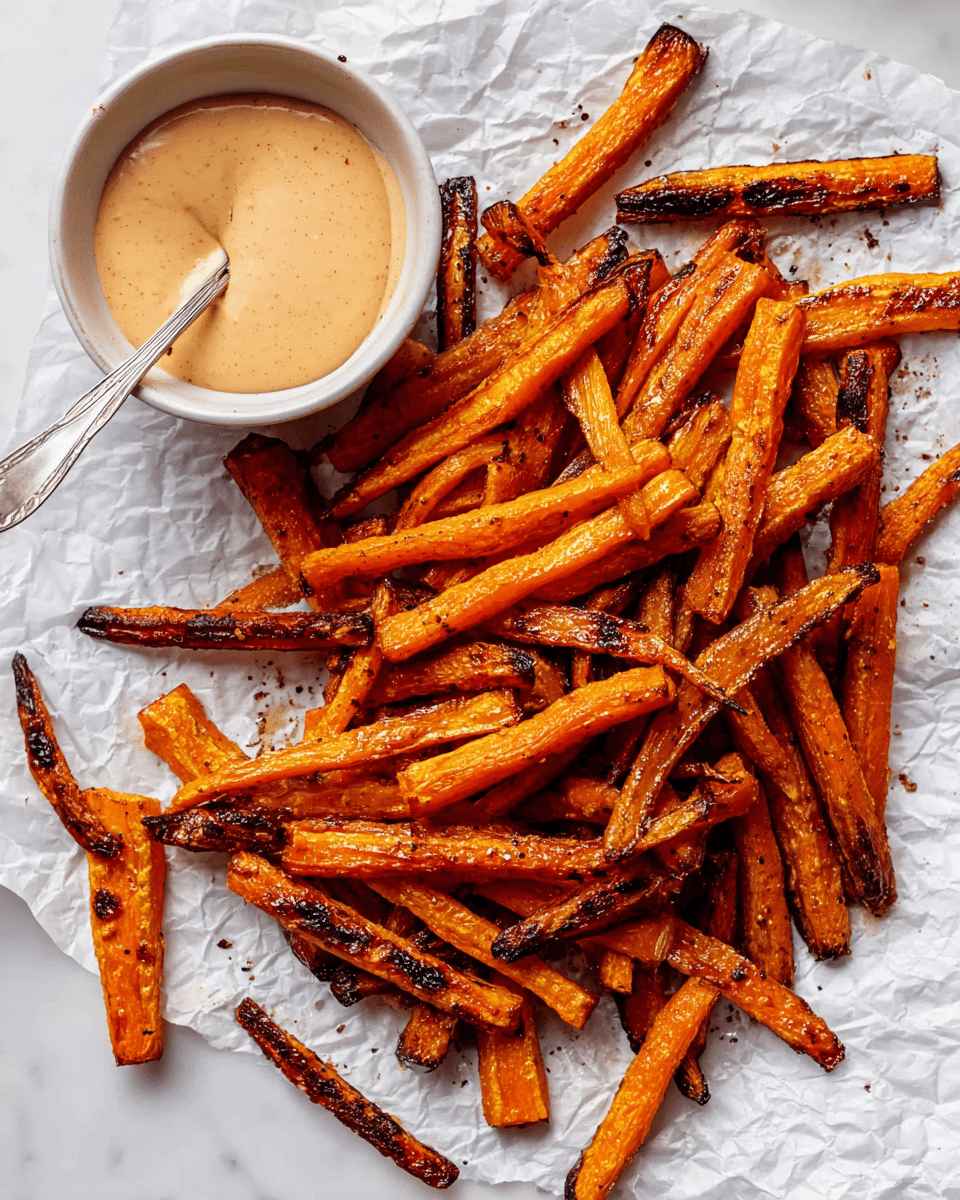 The image shows a white surface with many crispy, roasted carrot sticks scattered around. The carrot sticks are orange with some parts darker and slightly burnt, giving a crunchy texture look. In the middle, there is a small rustic beige bowl filled with a creamy tan-colored dipping sauce, and some carrot sticks are dipped into it. The surface beneath the food has a crinkled white paper texture adding a casual touch. photo taken with an iphone --ar 4:5 --v 7