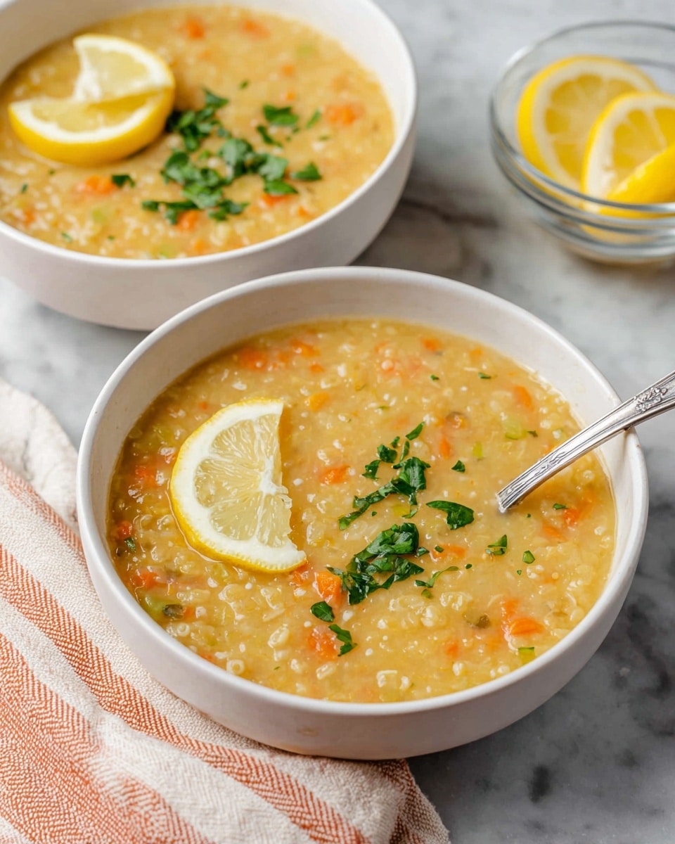 A close-up view of a creamy, thick risotto cooked in a white pot with a black rim. The risotto has a soft yellow color mixed with small pieces of orange carrot evenly spread throughout. On top, fresh green chopped herbs are sprinkled in a loose, thin line. The pot sits on a white marbled surface with a hint of a peach-colored cloth nearby, and a small plate with yellow lemon wedges can be seen in the background. photo taken with an iphone --ar 4:5 --v 7