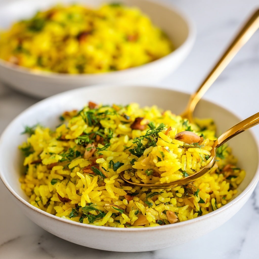 Two white bowls filled with bright yellow rice are shown, the rice grains fluffy and separate with small green herb pieces scattered throughout, and pine nuts visible among the rice, suggesting a seasoned dish. The bowls have a simple, smooth design and are placed on a white marbled surface with soft natural light highlighting the texture of the rice. On the right side, there is a gold spoon holding fresh green parsley leaves. The focus is mainly on the front bowl, showing the detailed texture of the rice. Photo taken with an iphone --ar 4:5 --v 7