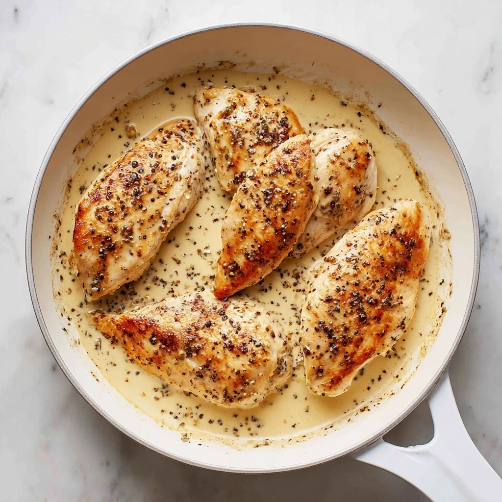 A close-up of a creamy soup with a smooth pale beige color, held in a white bowl with a thin dark rim. The soup shows some small green herb pieces mixed in and is topped with a light sprinkle of cracked black pepper, adding tiny dark brown and black dots on the surface. A silver spoon is dipping into the soup from the right side, holding a small amount of the soup that shows the smooth texture. The background features a white marbled texture, enhancing the clean and fresh look of the dish. Photo taken with an iphone --ar 4:5 --v 7