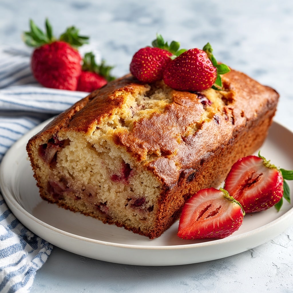 A white plate holds a sliced strawberry cake with three visible layers where light golden brown outer crust surrounds a soft, pale yellow inside streaked with red strawberry pieces, giving a marbled appearance; around the cake are fresh whole strawberries with green leaves adding bright red and green colors to the scene on a white marbled surface background. photo taken with an iphone --ar 4:5 --v 7