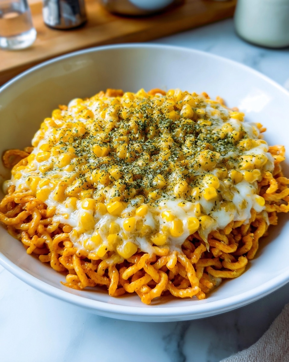 The dish is presented in a white bowl placed on a white marbled surface. It has two visible layers: the bottom layer is curly orange noodles with a shiny texture, while the top layer is a thick mix of melted white cheese and bright yellow corn kernels evenly spread over the noodles. The top is sprinkled with green dried parsley flakes, adding a touch of color contrast. The photo is bright and focused, showing a close-up of the dish with some kitchen items blurred in the background. Photo taken with an iphone --ar 4:5 --v 7