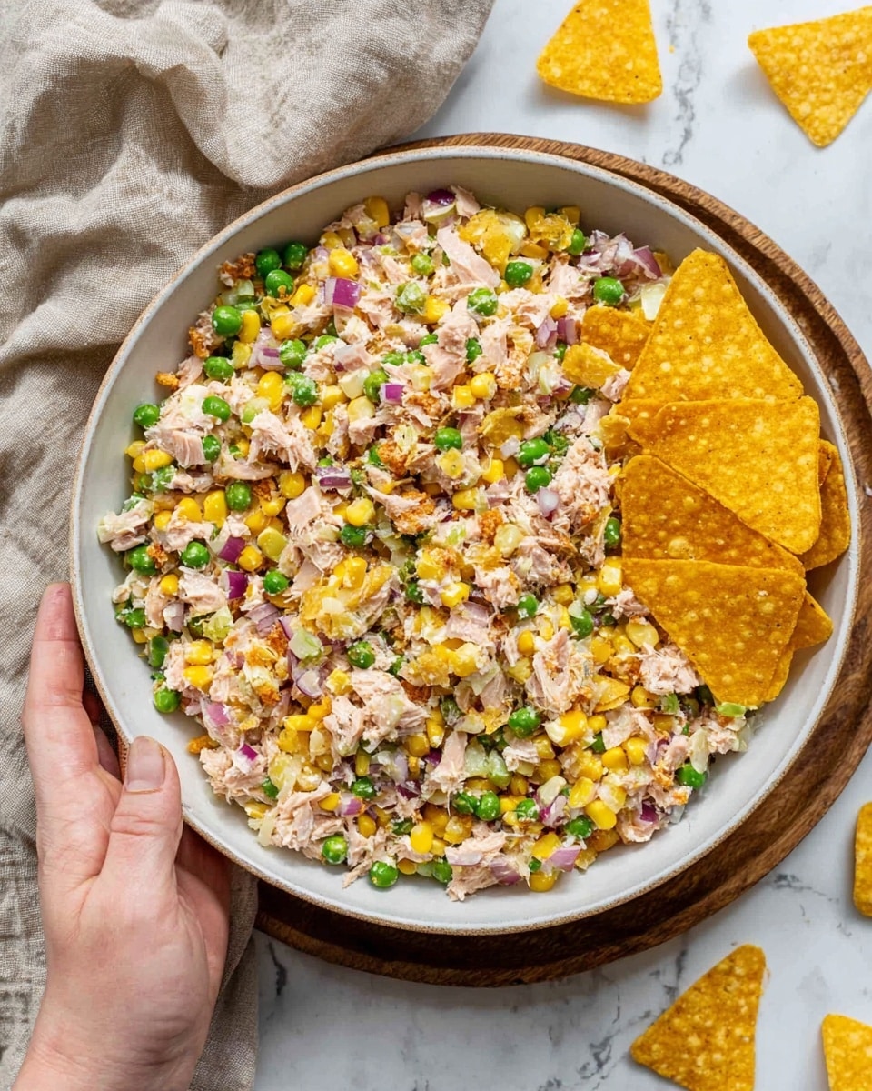 A close-up view of a white bowl filled with a mixed tuna salad dish showing several layers and textures: the base layer consists of crushed yellow corn chips, topped by a mix of light pink shredded tuna, bright green peas, yellow corn kernels, small white beans, finely diced red onion, small green pickle pieces, and small red and white apple chunks scattered evenly throughout. There is a light dressing coating the ingredients that adds a slight shine, and black pepper is sprinkled lightly on top. Two whole yellow corn chips rest on the side inside the bowl. The bowl sits on a wooden surface with a white marbled background visible around the edges. photo taken with an iphone --ar 4:5 --v 7