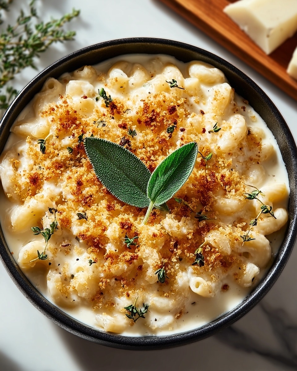 The dish shows a black bowl filled with creamy macaroni and cheese. There is one main layer of macaroni covered in smooth white cheese sauce. The top layer has golden-brown toasted breadcrumbs scattered over the cheese, with small green sprigs of thyme adding freshness. A single large, bright green sage leaf sits in the center of the bowl. The bowl is placed on a white marbled surface, with a wooden board holding white cheese visible in the upper right corner. Photo taken with an iphone --ar 4:5 --v 7