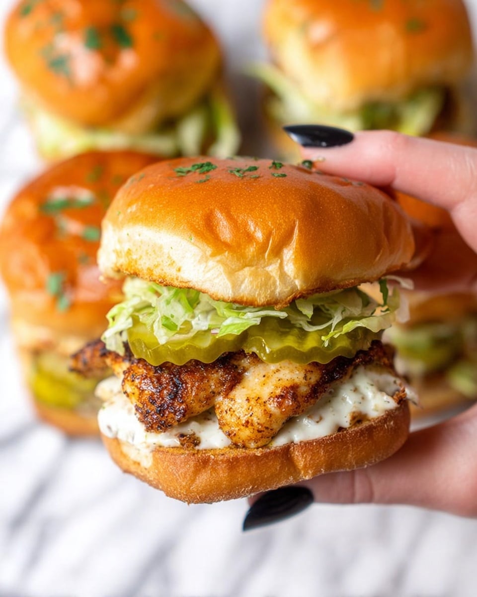 A close-up view of a small sandwich held by a woman's hand with dark purple nail polish, showing a shiny golden-brown top bun sprinkled with green herbs. Inside the sandwich, there is a thick layer of grilled, seasoned chicken with a dark, textured crust, topped with creamy white sauce, bright green pickles, and shredded light green lettuce, all held together by a soft, slightly toasted bottom bun. In the blurred background, several similar sandwiches rest on a white marbled texture. photo taken with an iphone --ar 4:5 --v 7
