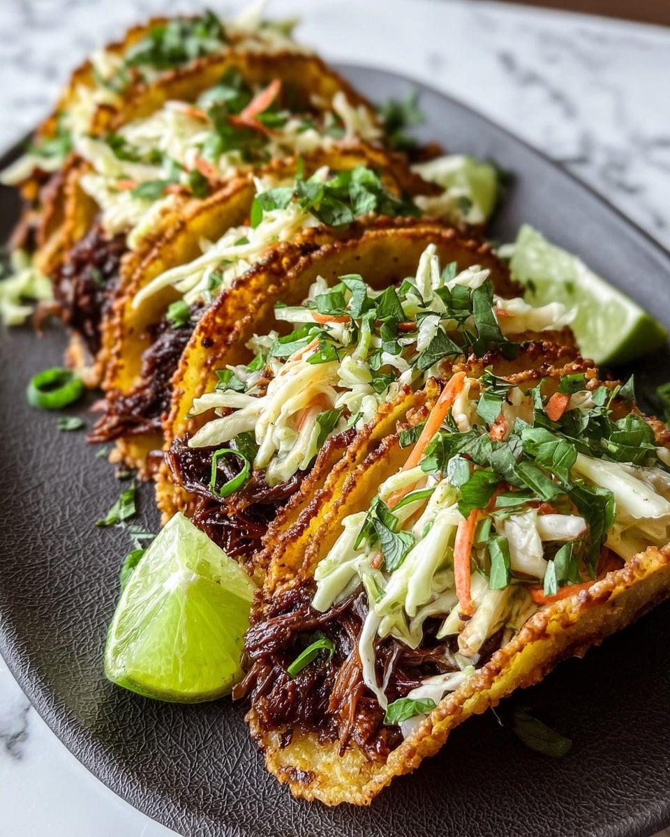 The image shows three tacos arranged in a row on a white plate with a textured look. Each taco has three clear layers: the bottom layer is charred, dark brown shredded meat with a glossy texture; the middle layer is a mix of finely shredded light green, orange, and purple cabbage coleslaw with a creamy white dressing; the top layer is sprinkled with white crumbly cheese and garnished with fresh green cilantro leaves and thin slices of green chili. The tacos have lightly charred yellow corn tortillas holding all the layers, and a lime wedge sits partially visible on the left side. The setting is on a white marbled surface. Photo taken with an iphone --ar 4:5 --v 7