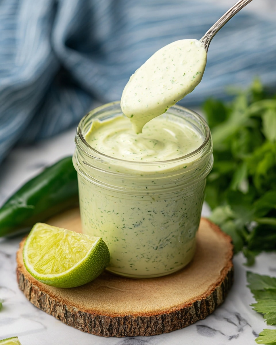 A small clear glass jar filled with thick, creamy light green sauce speckled with darker green herbs, with some sauce dripping down the side; the jar sits on a light wooden board. In front of the jar is a silver spoon holding some sauce resting on fresh green cilantro leaves. To the right, a halved lime with a bright green outer skin and pale green inside sits next to a whole green jalapeño pepper. The background shows a soft, blue cloth with white stripes, all set on a white marbled texture. photo taken with an iphone --ar 4:5 --v 7