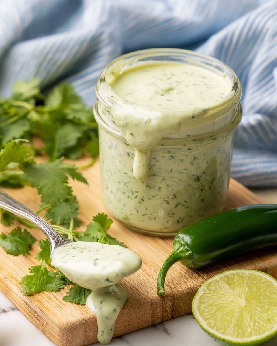 A small clear glass jar filled with a smooth, creamy light green sauce speckled with darker green bits sits on a round wooden slice. A spoon covered in the same sauce is lifted out of the jar, showing the thick texture. Near the jar are a halved lime with bright yellow-green flesh and a whole dark green pepper. Fresh green leaves and a blue cloth with white stripes are in the soft-focus background on a white marbled surface. photo taken with an iphone --ar 4:5 --v 7
