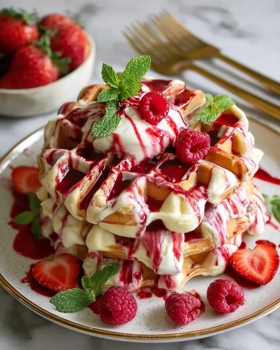 A stack of golden-brown waffles with light and dark patches sits on a white plate, topped with a swirl of white cream at the center. Bright red raspberries are scattered across the waffles, with some green mint leaves beside the cream for color contrast. Creamy white and deep red syrup is drizzled over the waffles, pooling slightly on the plate below. The scene is set on a white marbled surface, with a few strawberries blurred in the background and two gold forks placed behind the plate. photo taken with an iphone --ar 4:5 --v 7