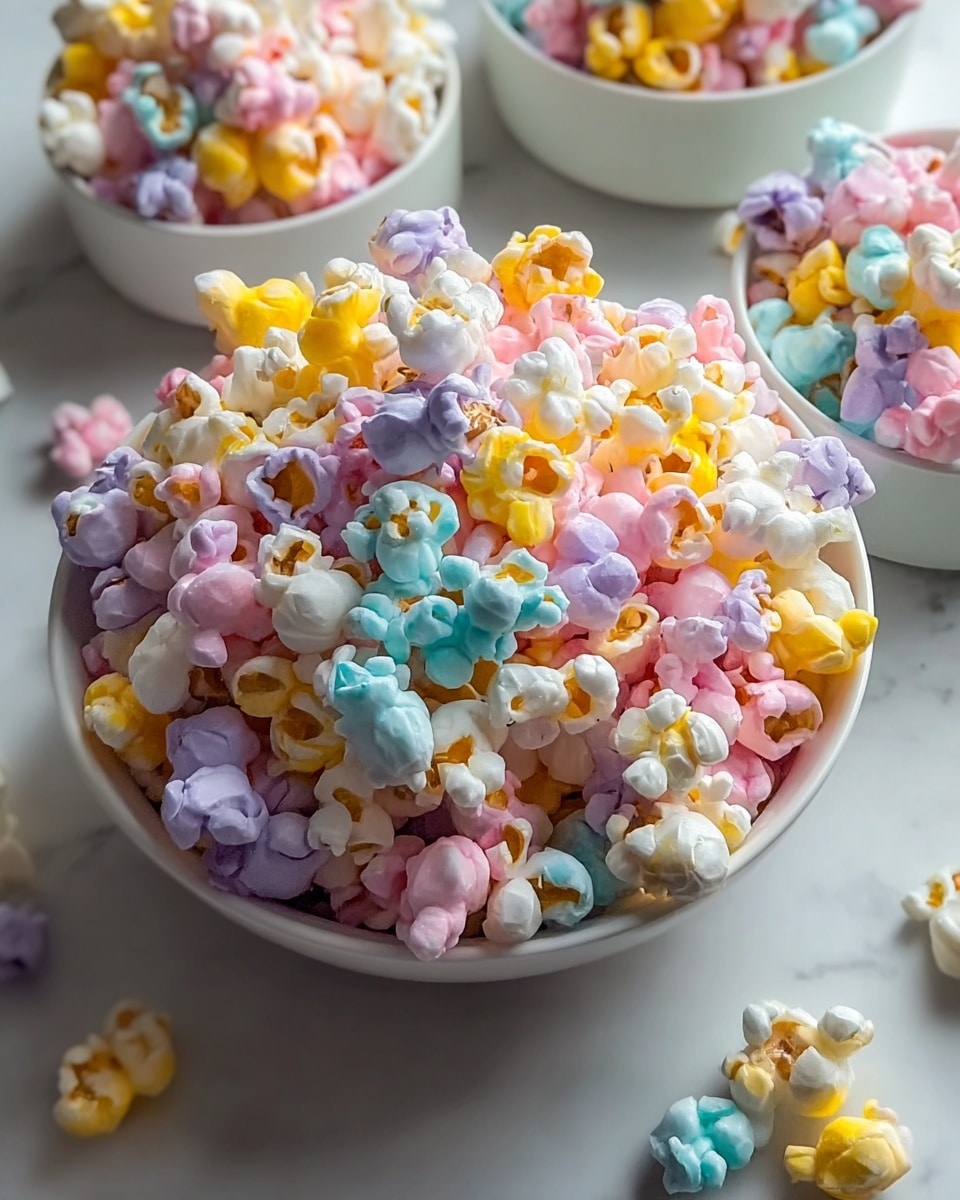 A white bowl filled with colorful popcorn in soft pastel shades of pink, yellow, blue, purple, and white, each popcorn piece having a light, fluffy texture with some showing the orange-yellow interior. The popcorn is piled high, nearly overflowing the bowl. In the background, there are parts of other white bowls also filled with the same colorful popcorn, placed on a white marbled surface. The overall look is bright, playful, and inviting. Photo taken with an iphone --ar 4:5 --v 7