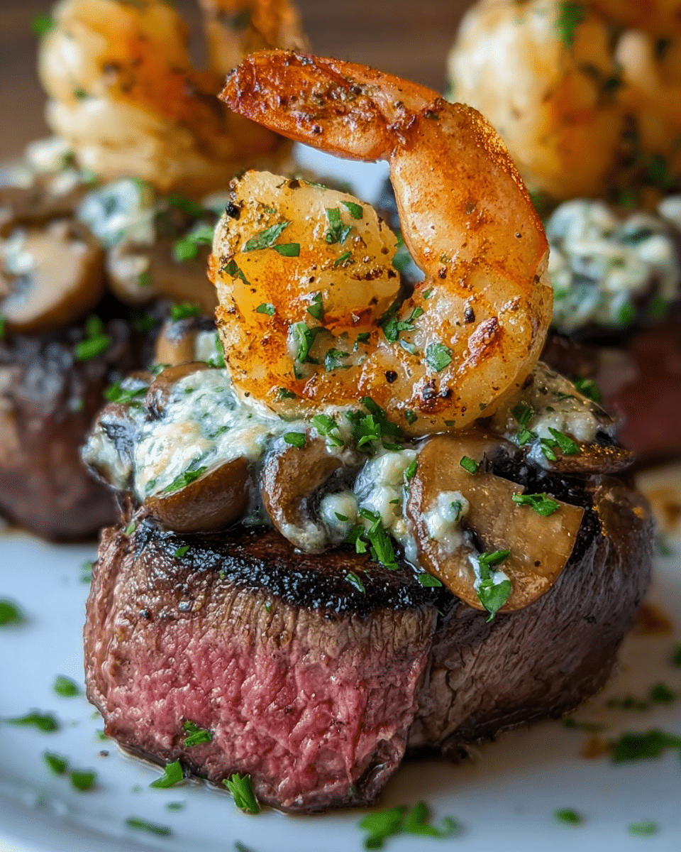 The dish is arranged on a white plate with a white marbled texture background, showing three stacked layers. The base layer is a halved baked potato with a golden-brown crispy skin. On top of the potato is a thick slice of medium-rare steak with a juicy pink center and a seared brown crust. The next layer is a creamy spinach and cheese mixture, pale green with small spinach leaves visible, spread evenly over the steak. On top of this is a layer of sautéed mushroom slices with a rich brown color and slightly glossy texture. The final top layer features several grilled shrimp with a bright orange-pink color and grill marks, garnished generously with chopped green chives. Photo taken with an iphone --ar 4:5 --v 7
