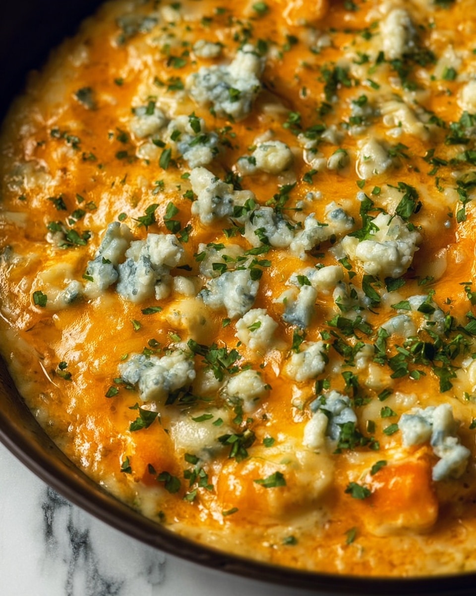 A close-up view of a single deep black cast iron skillet filled with a creamy, chunky dip that has a smooth orange layer mixed with white melted cheese and small bits of blue cheese scattered on top. Fresh green herb pieces are sprinkled over the surface, adding color contrast. The skillet rests on a white marbled texture beneath a beige cloth with dark blue stripes, and slices of light-colored bread are partially visible in the background. Photo taken with an iphone --ar 4:5 --v 7