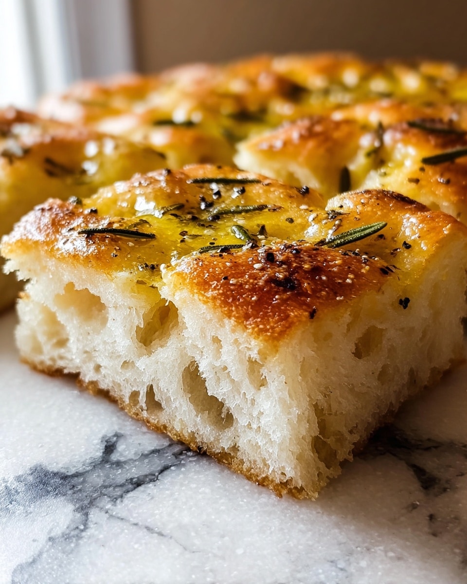 The image shows a close-up of a thick focaccia bread baked in a metal tray inside an oven. The bread has one main layer with a golden brown, slightly crispy top, dotted with herbs and coarse salt. There are small dimples across the surface filled with olive oil, giving it a shiny look. The texture looks soft and fluffy on the inside while the outside edges are more browned and crusty. The background is blurred showing the warm light from inside the oven and an out-of-focus kitchen setting with a white marbled surface. photo taken with an iphone --ar 4:5 --v 7